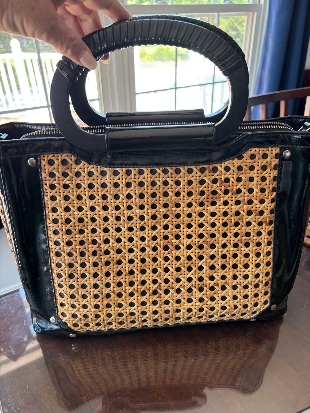 White House Black Market Black and Natural Woven Handle Satchel - Picture 5 of 8